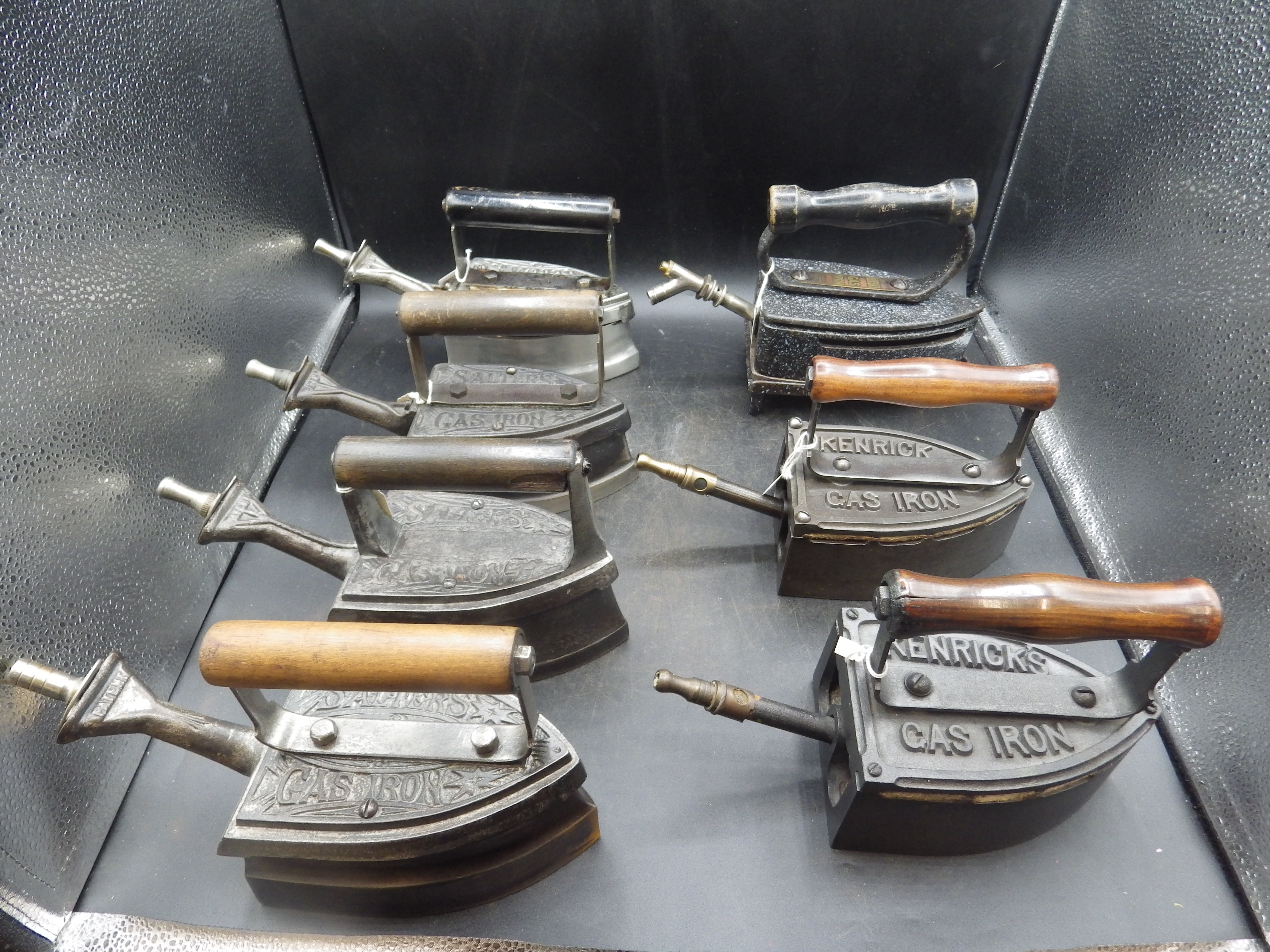 4 Salters gas irons incl no.4 together with 3 A Kendrick & sons gas irons incl Aurora enamel model
