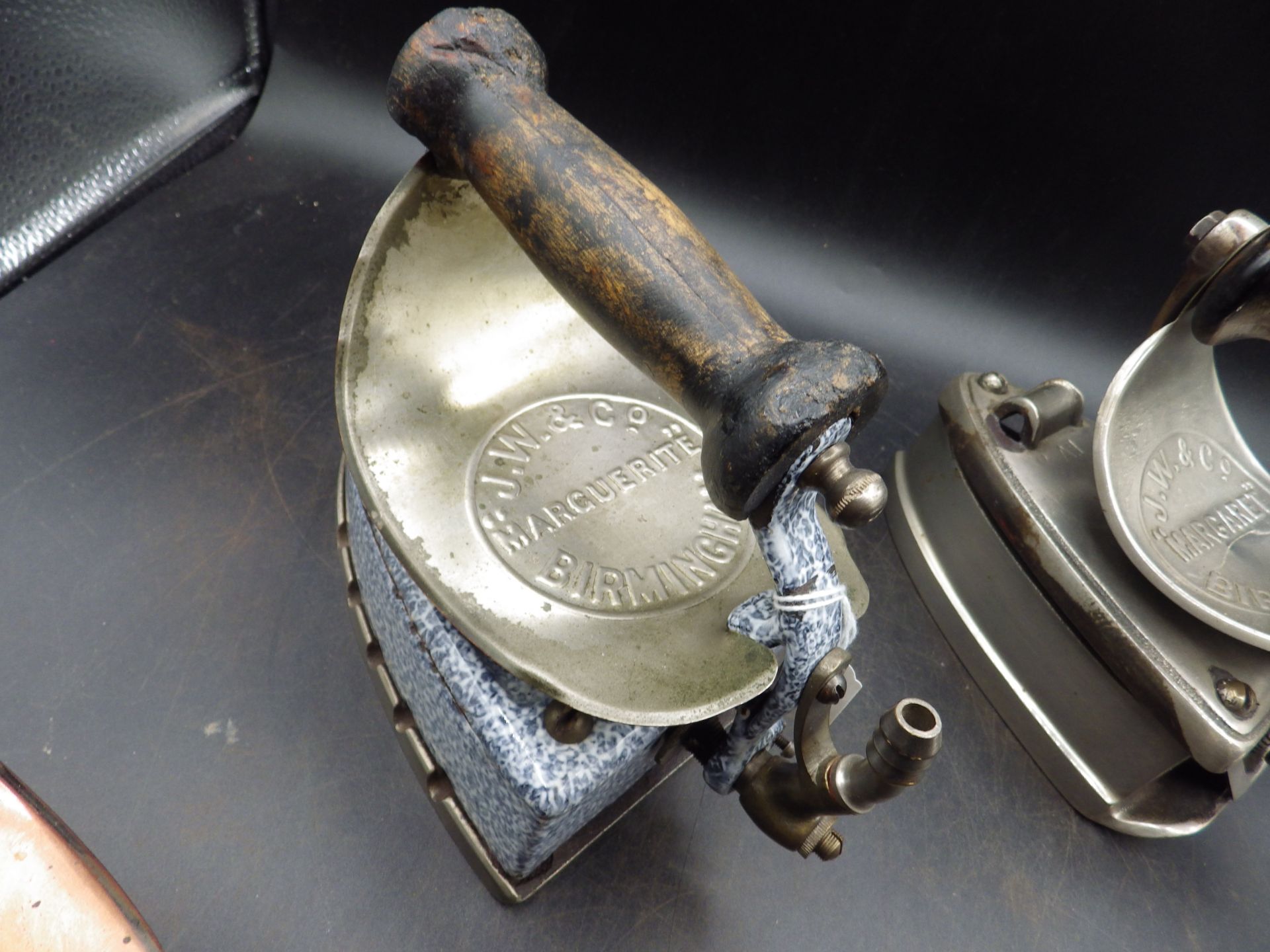 3 John Wright & Co Ltd Birmingham gas irons to incl Marguerite black enamel model with copper heat - Image 3 of 4