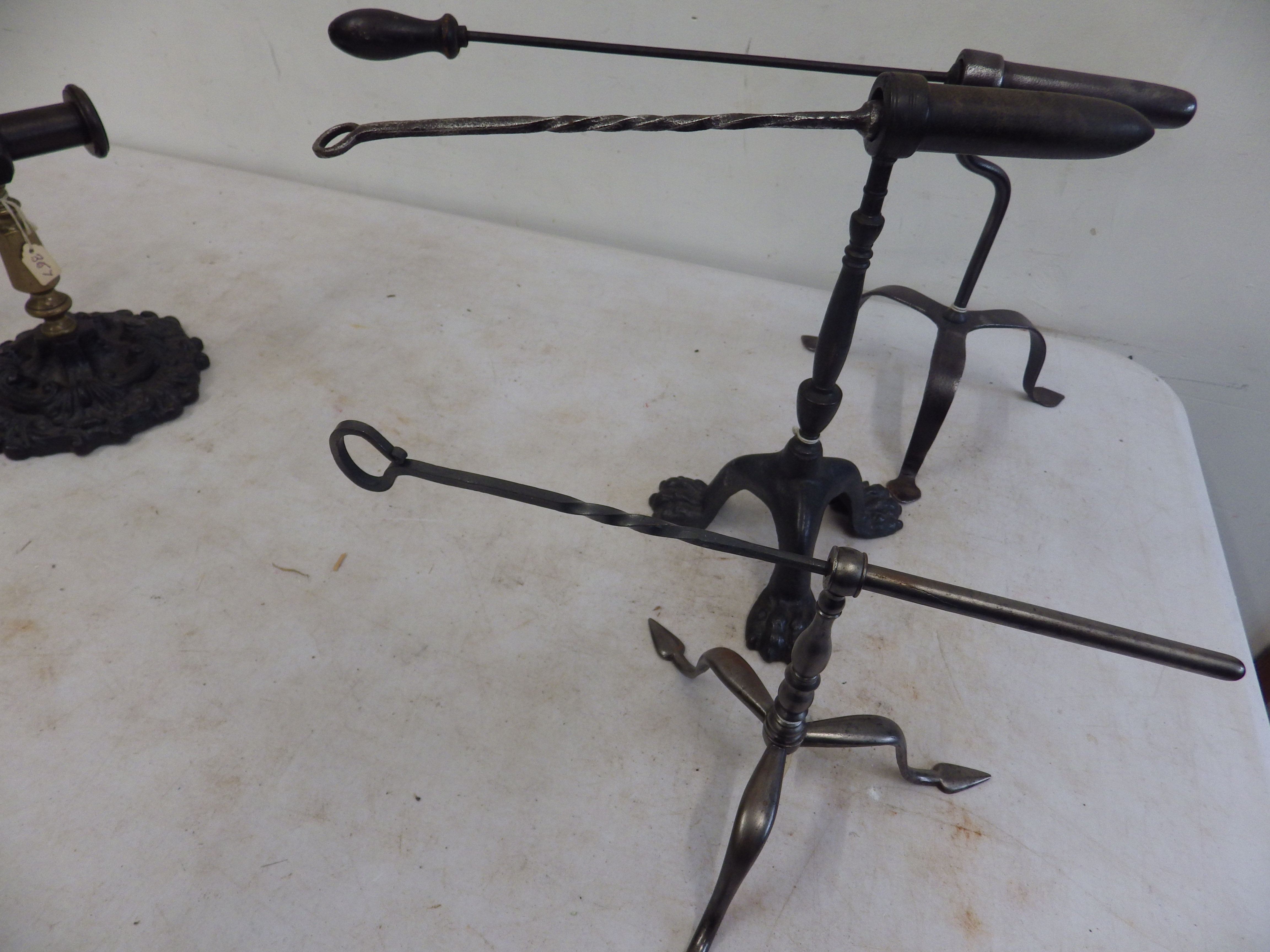 4 goffering irons - 3 with tripod stands and 1 french? with ornate stand and brass fittings - Image 3 of 3