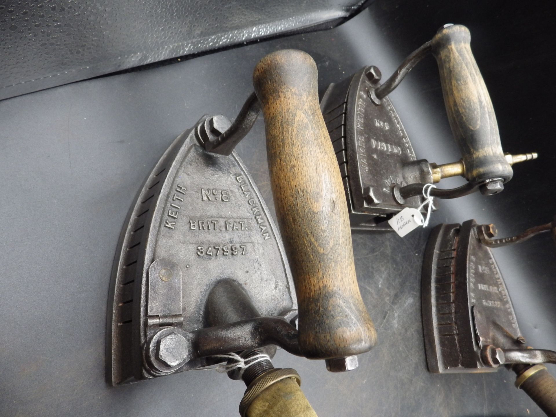 5 James Keith & Blackman Co Ltd No.8 gas irons to incl one marked London - Image 3 of 4