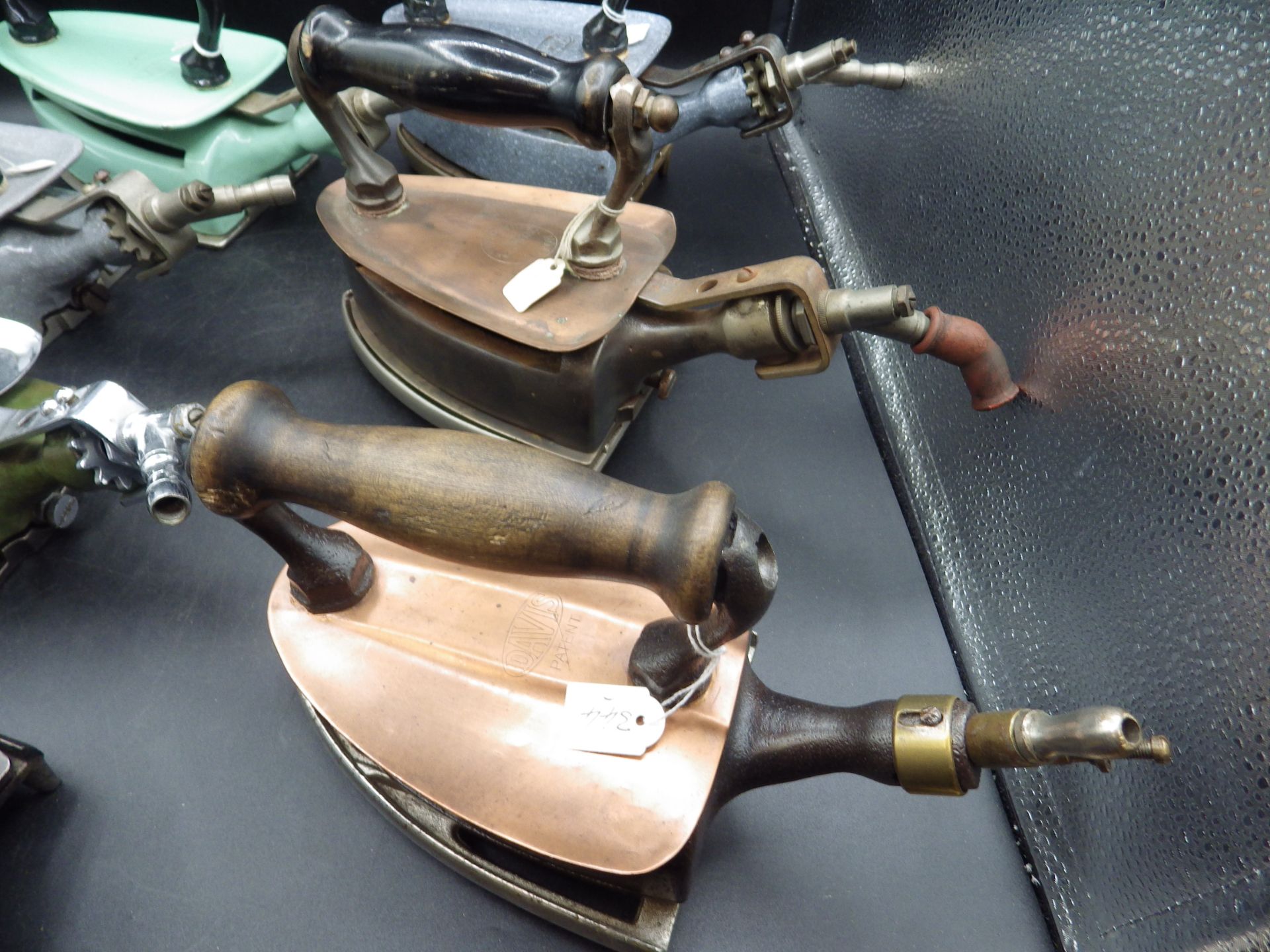 7 assorted Davis gas irons incl an early model with wood handle and flush sole, includes enamel - Image 5 of 5