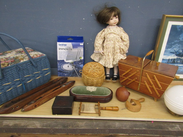 Sewing basket,  cantilever sewing box, sewing items, a porcelain faced doll, light globe and metal