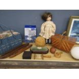 Sewing basket,  cantilever sewing box, sewing items, a porcelain faced doll, light globe and metal