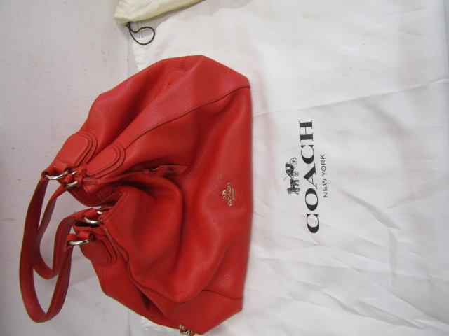 Coach red pebble leather tote bag with dust bag