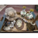 A treen bust and various collectables inc hand bell, cloisonne style vases, stone duck and brass