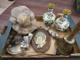 A treen bust and various collectables inc hand bell, cloisonne style vases, stone duck and brass