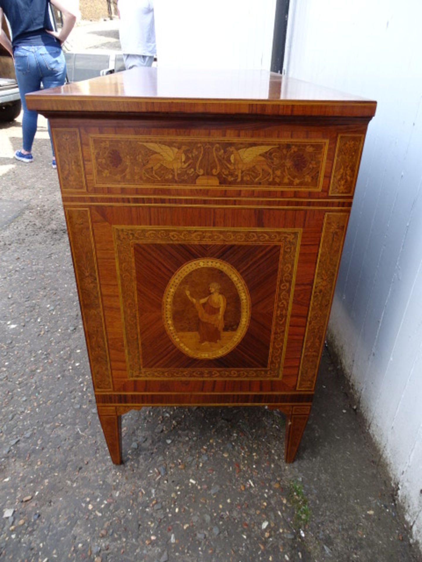 Italian inlaid walnut marquetry 3 drawer commode with keys H92cm W130cm D54cm approx - Image 2 of 7