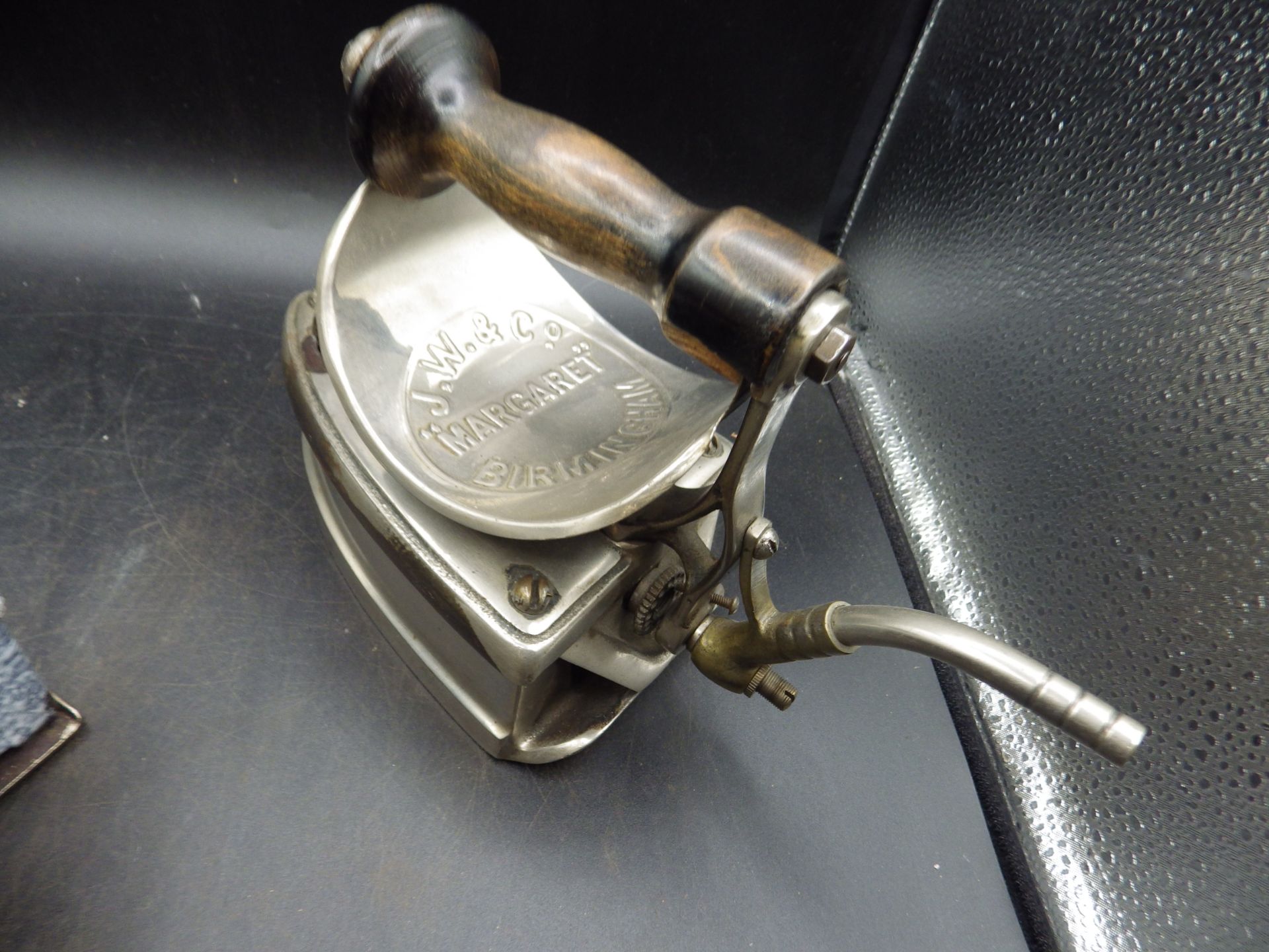 3 John Wright & Co Ltd Birmingham gas irons to incl Marguerite black enamel model with copper heat - Image 4 of 4