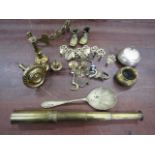 A brass telescope and various brass wares inc curtain tie backs, drawer furniture etc