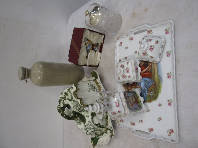 Vintage cheese/butter dish, bed warmer, Leonardo bird and part vanity set