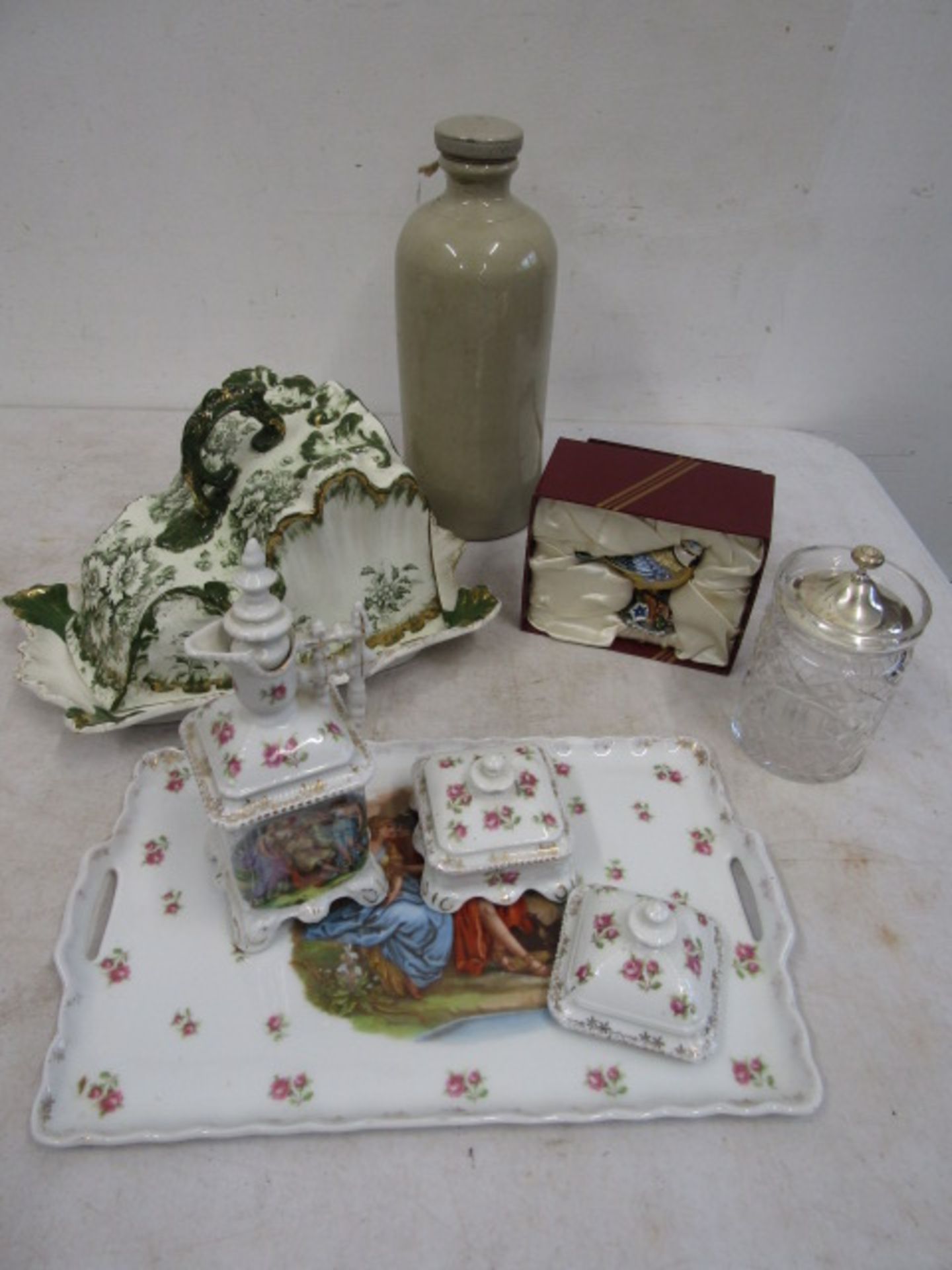 Vintage cheese/butter dish, bed warmer, Leonardo bird and part vanity set