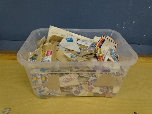 Tub of unsorted used stamps