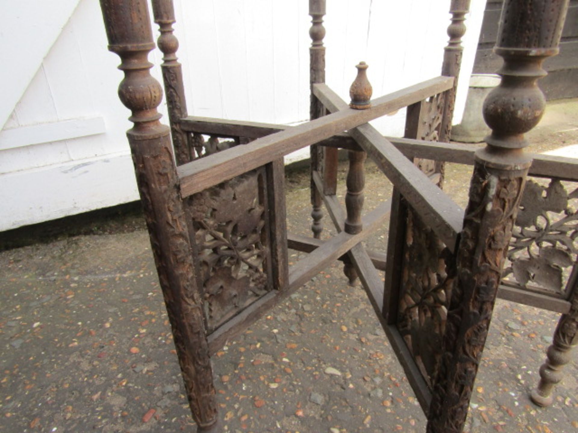 Eastern moorish table with brass tray top 85cmD 61cmH - Image 3 of 6