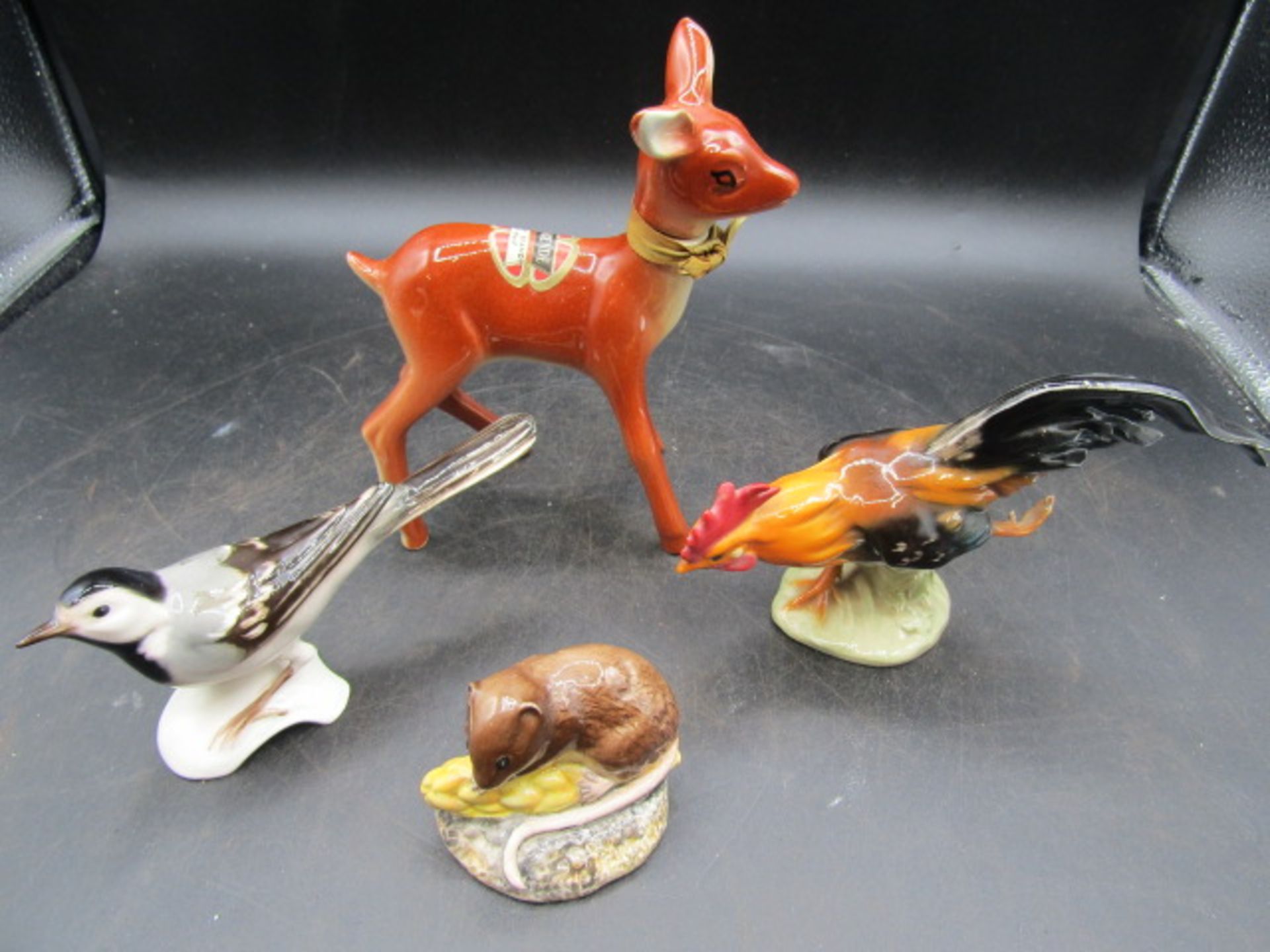 Beswick mouse, 2 USSR birds and a cherry brandy decanter in deer form