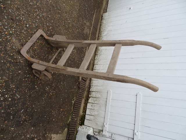 Antique wooden sack barrow with cast iron wheels (Has woodworm)