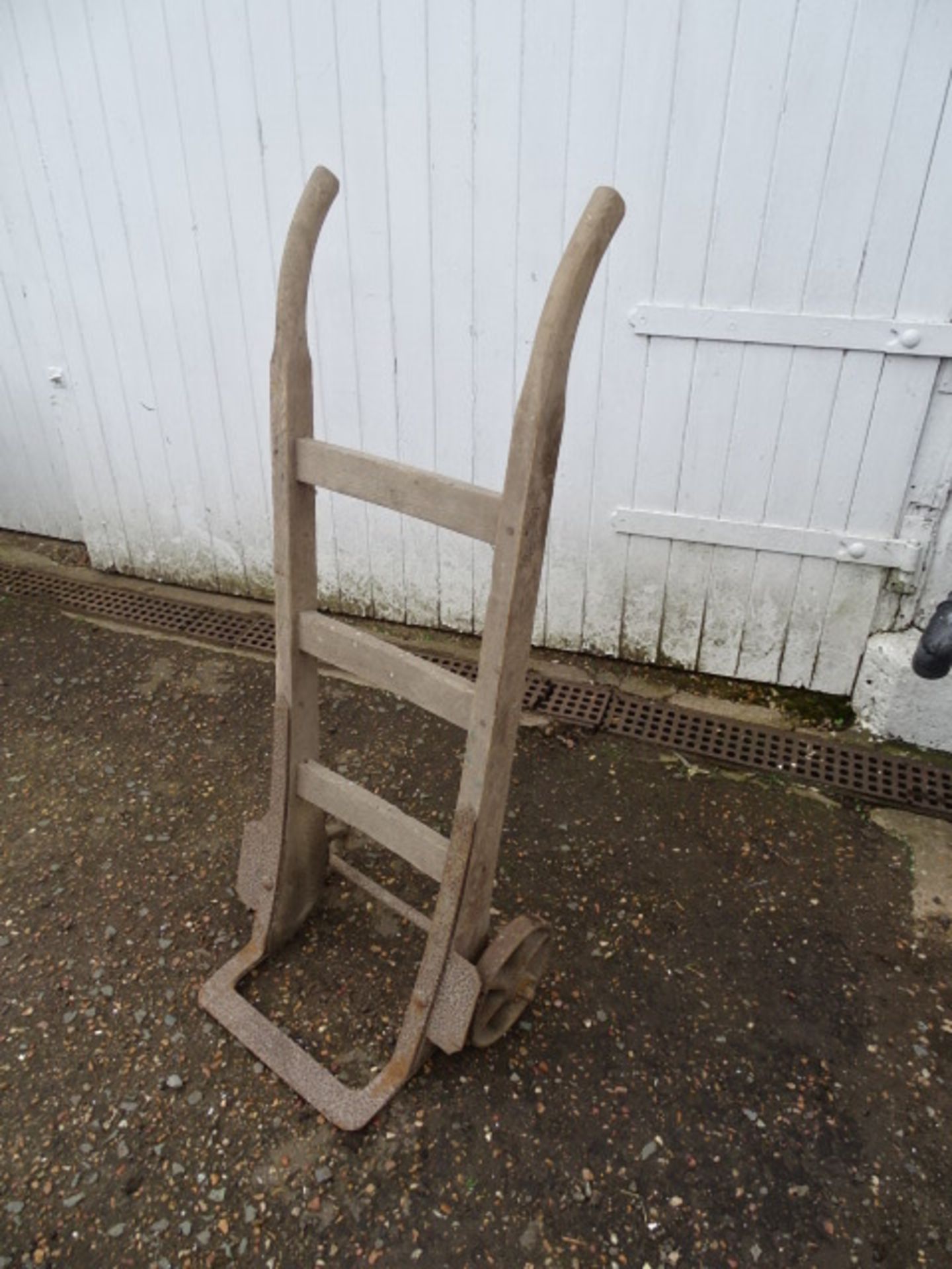 Antique wooden sack barrow with cast iron wheels (Has woodworm)