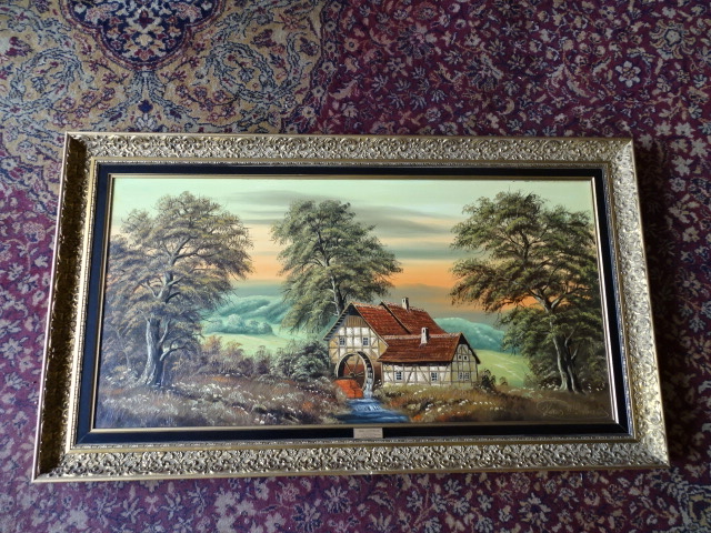Gottwald oil on canvas of a mill, signed bottom right in ornate gilt frame 66cm x 116cm approx
