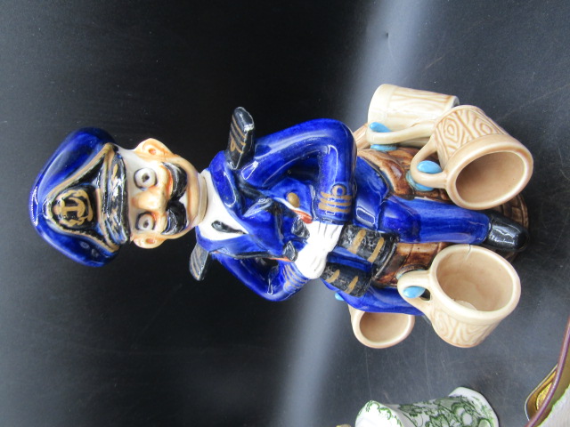 Ceramic hat pin stand with hat pins, a Naval man decanter with kegs (one has small crack), - Image 2 of 5