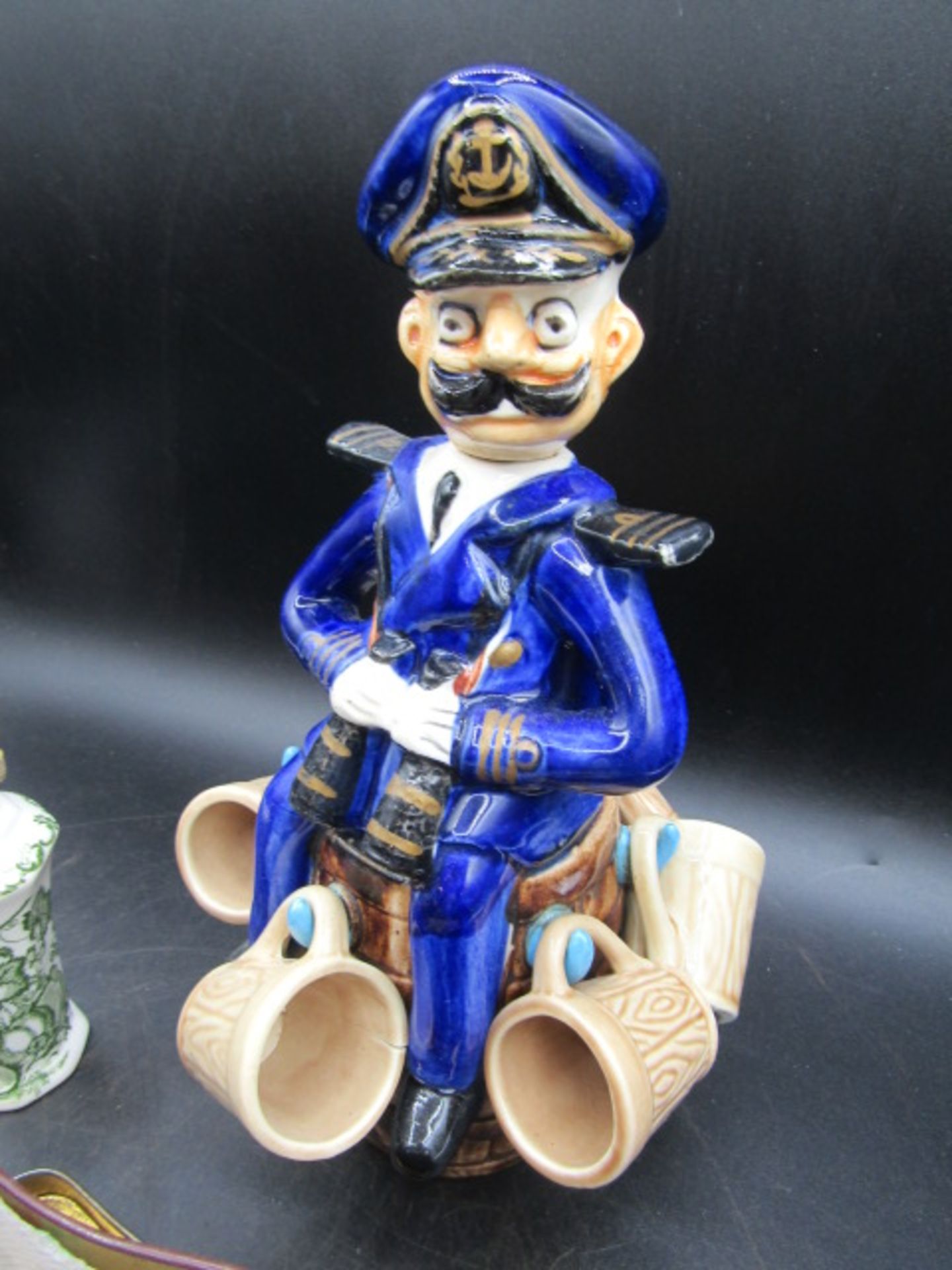Ceramic hat pin stand with hat pins, a Naval man decanter with kegs (one has small crack), - Image 2 of 5