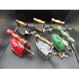 6 Beatrice gas irons to incl 3 x No.1, 1 x No.1 enamel and 2 Rex enamel irons in red and green