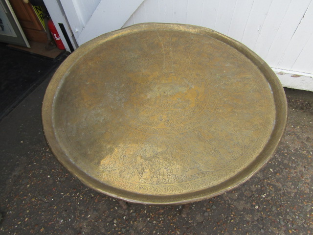 Eastern moorish table with brass tray top 85cmD 61cmH - Image 6 of 6
