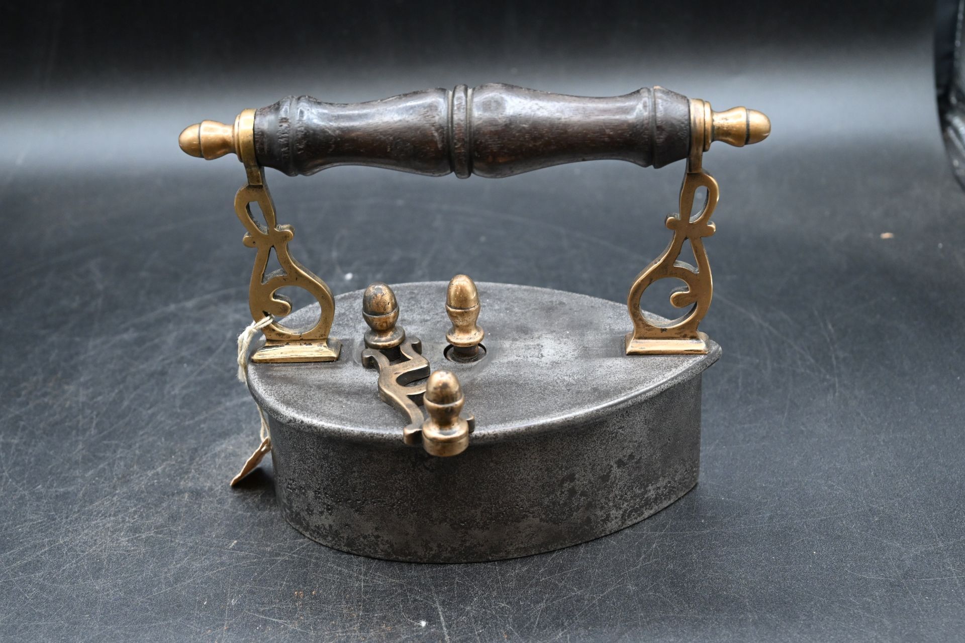 Scottish teardrop shaped box iron with brass castings and brass scroll posts with wood turned handle - Image 2 of 3