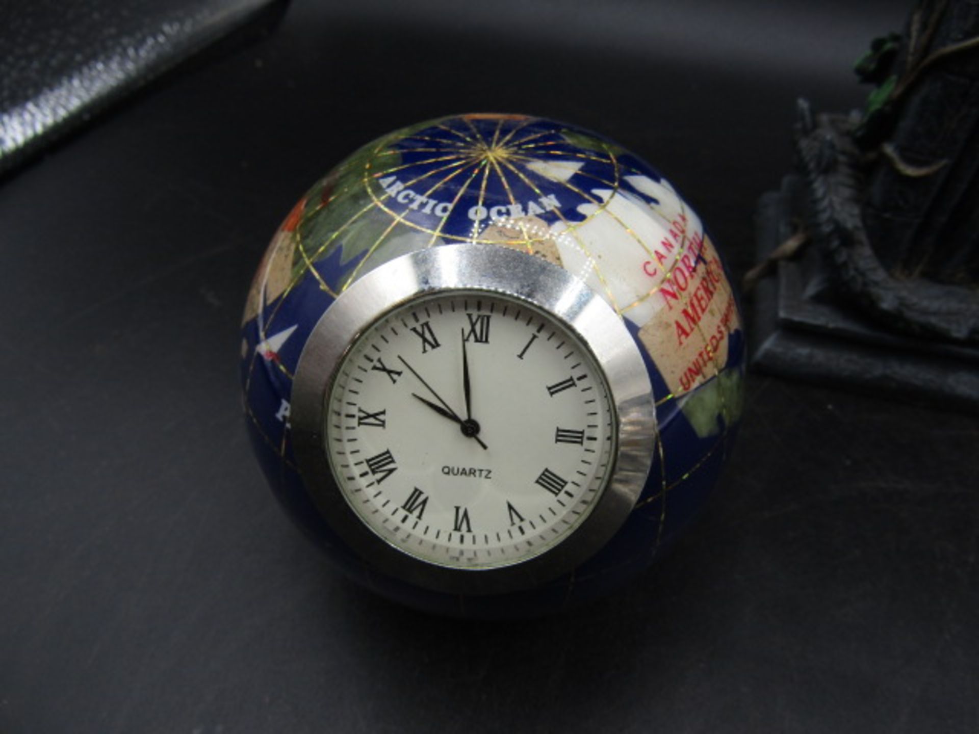 3 clocks- dragon clock, a semi-precious stone globe clock and a glass clock - Image 4 of 5