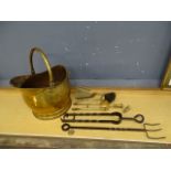 Brass coal scuttle and utensils