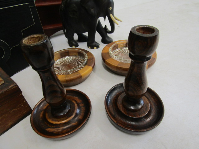 Collectors lot- treen candle holders, display shelf, trinket dishes, Ebony elephant etc - Image 2 of 5