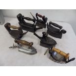 7 assorted gas irons to incl 3x C Wilson & sons Leeds & London gas irons one being a tailors iron,