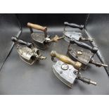 5 Glorex gas irons to incl Silent Glorex models and 2 others with heat dial indicators, 2 are enamel