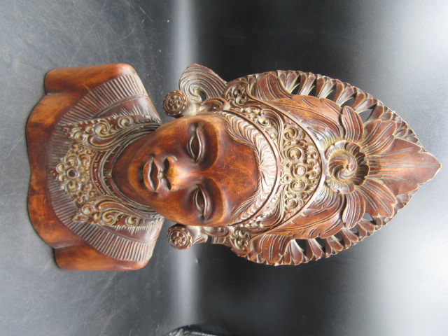 Indonesian goddess bust with headdress carving 30cmH