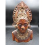 Indonesian goddess bust with headdress carving 30cmH