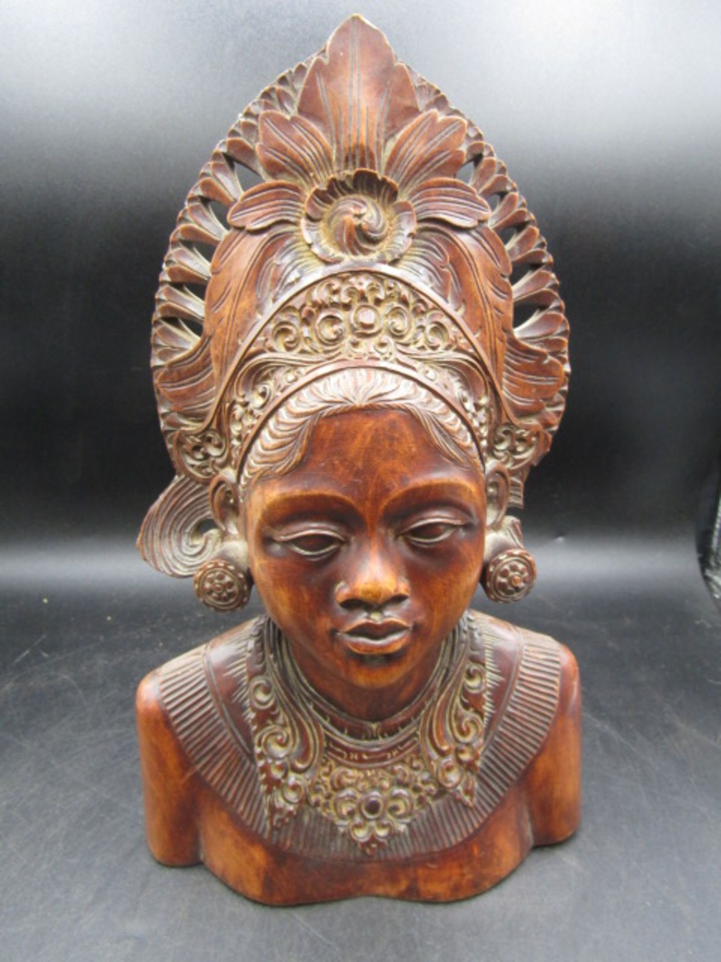 Indonesian goddess bust with headdress carving 30cmH