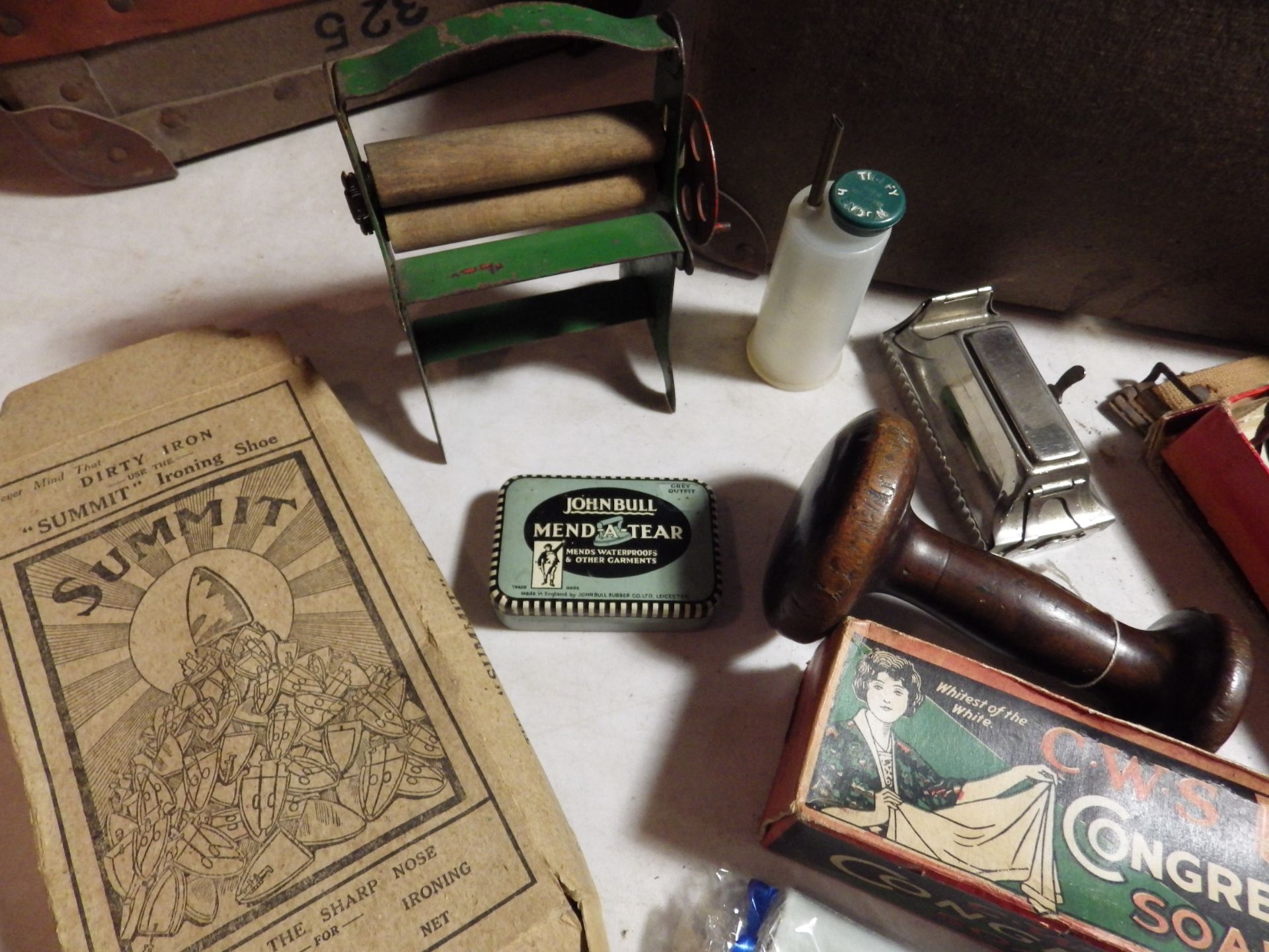 The Newark on Trent Laundry Co ltd box with contents incl Henry Heath gas hatters iron, lignum vitae - Image 4 of 5