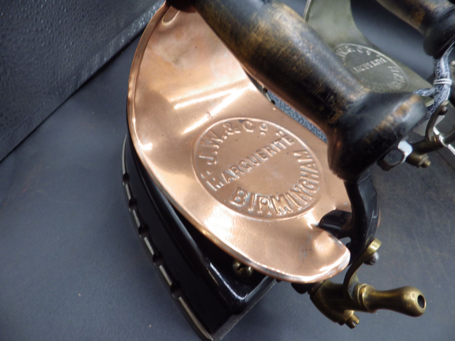 3 John Wright & Co Ltd Birmingham gas irons to incl Marguerite black enamel model with copper heat - Image 2 of 4