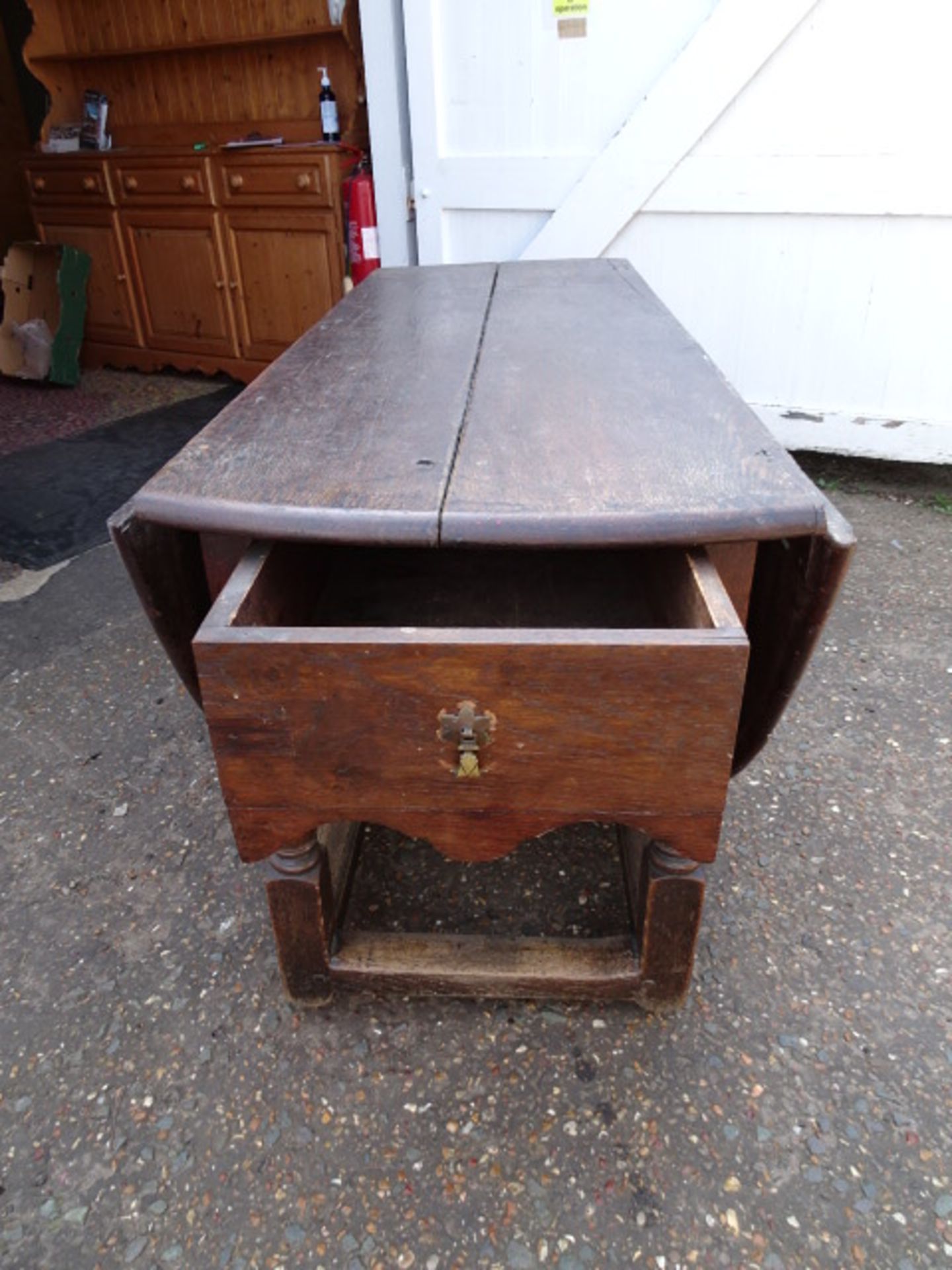 Large antique oak drop leaf dining table with drawer each end - Image 7 of 8