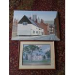 Oil on canvas of a pub signed N.W (58cm x 87cm approx) and a framed print of a house
