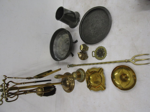 Fire irons, brass ware and pewter tankard, plate and footed dish