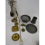 Fire irons, brass ware and pewter tankard, plate and footed dish