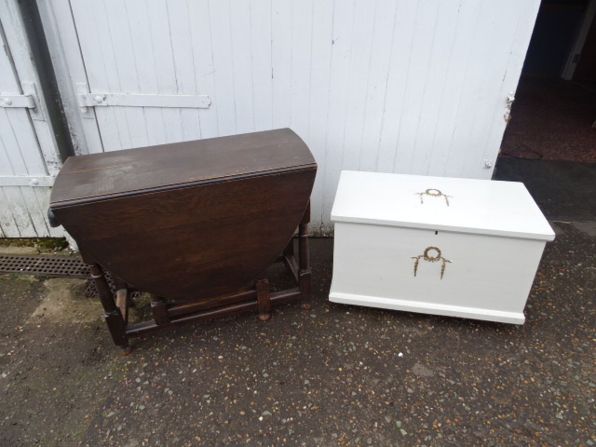 Painted pine trunk and oak drop leaf table