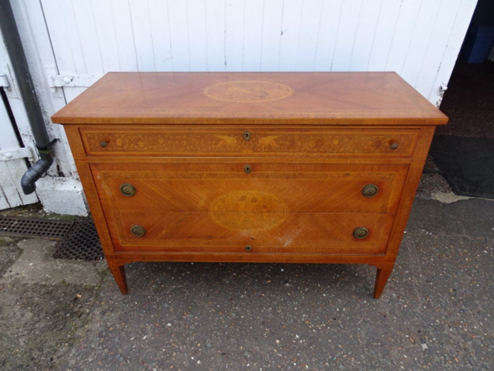 Italian inlaid walnut marquetry 3 drawer commode with keys H92cm W130cm D54cm approx