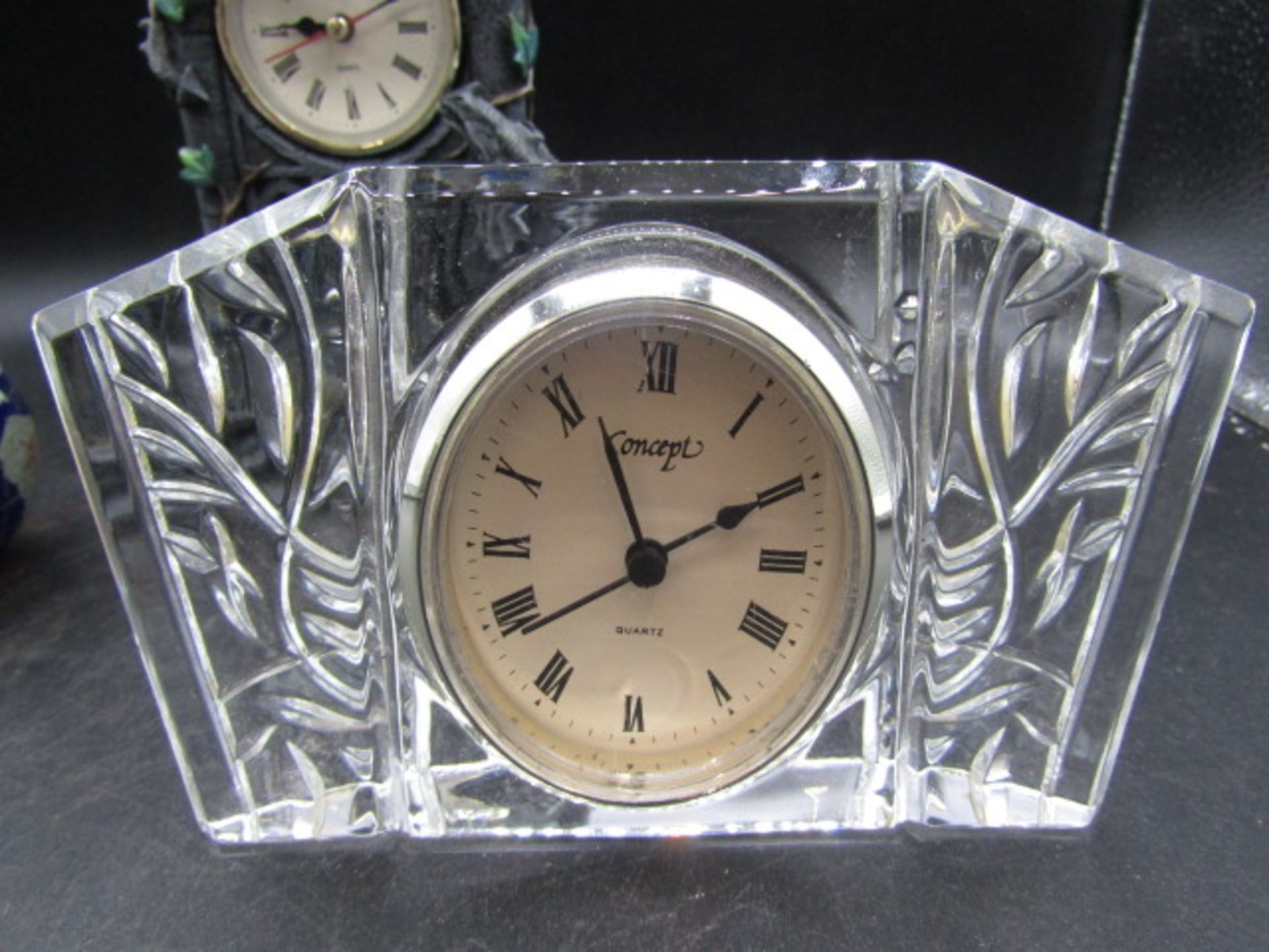 3 clocks- dragon clock, a semi-precious stone globe clock and a glass clock - Image 5 of 5