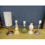 5 Table lamps to include 2 onyx lamps and one pottery lamp (no plugs)