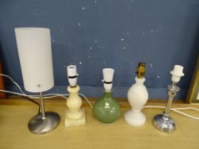 5 Table lamps to include 2 onyx lamps and one pottery lamp (no plugs)