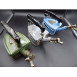 3 Fletcher Russell Laureate enamel gas irons in blue, green and grey