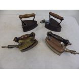2 M G I Co Glasgow Master gas irons with copper/brass heat shields together with 2 Lister Bros No.