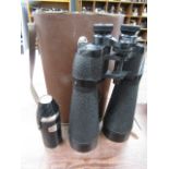 Binoculars and a hip flask/cup set