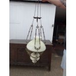 Vintage suspension brass and ceramic ceiling oil lamp with glass shade (converted to electric but in