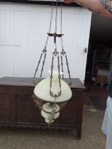 Vintage suspension brass and ceramic ceiling oil lamp with glass shade (converted to electric but in